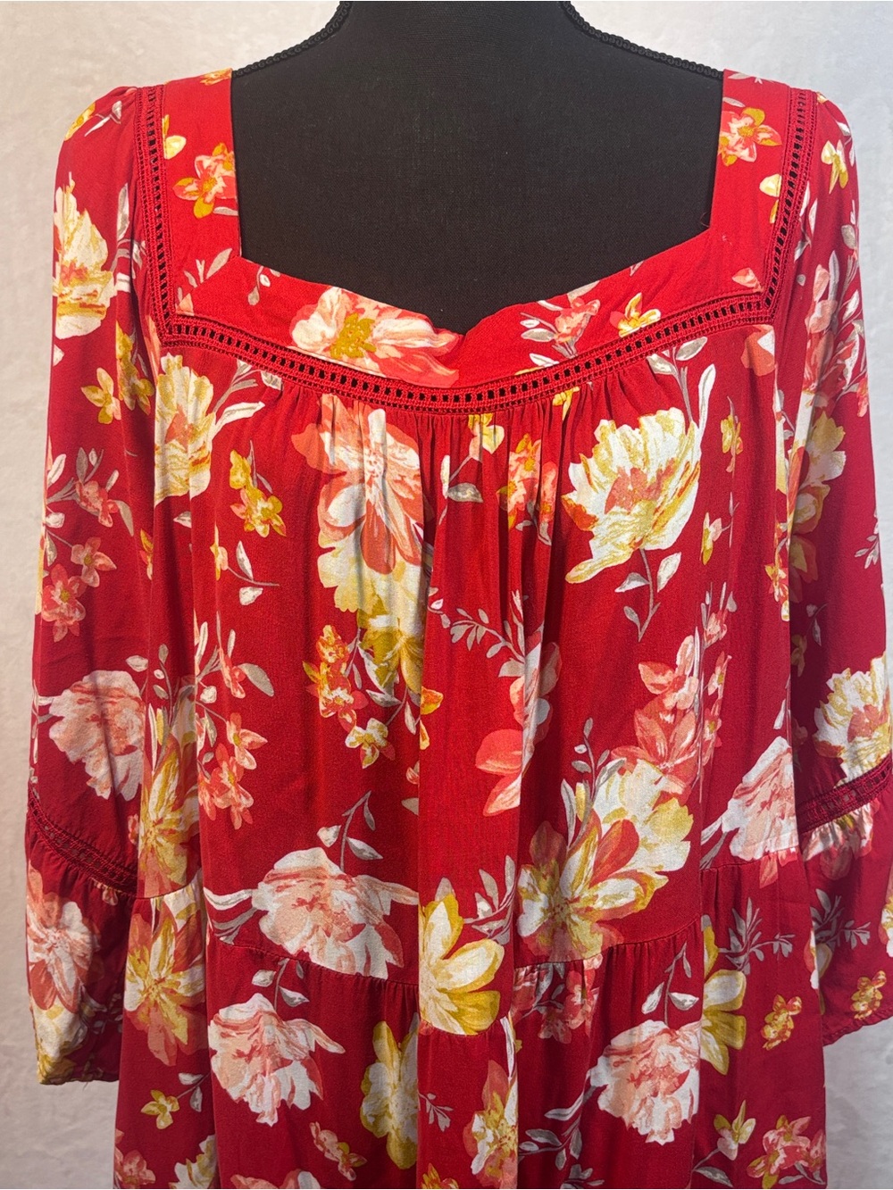 Cato Boho Floral Tiered Dress Square Neck Long Bell Sleeve Pockets Plus Sz 22/24 - Picture 2 of 12